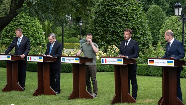 Ukrainian President Volodymyr Zelensky, centre, at a joint press conference in Kyiv with, from left, Romanian President Klaus Iohannis, Italian Prime Minister Mario Draghi, French President Emmanuel Macron and German Chancellor Olaf Scholz. Picture: Getty Images