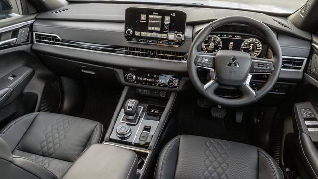 Among the Mitsubishi Outlander PHEV GSR internal highlights are cushy leather trim, a nine-speaker Bose stereo, 12.3-inch digital driver display, phone charging pad, embedded rear window sunshades, wireless smartphone mirroring apps and a panoramic sunroof.