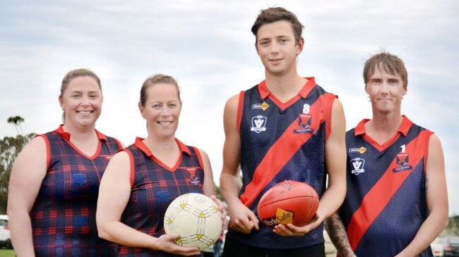 Laharum netballers and footballers, from left, Hayley Roberts, Shannon Arnott, Ollie Sykes and Brad Hately in the club's heritage jumper. Picture: Supplied