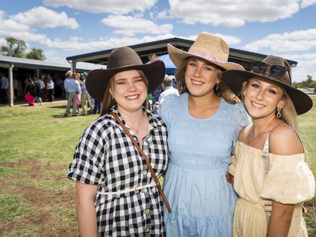 At the Clifton Races are (from left) Kahlia Kucks, Jacinta Kucks and Georgette May, Saturday, October 28, 2023. Picture: Kevin Farmer