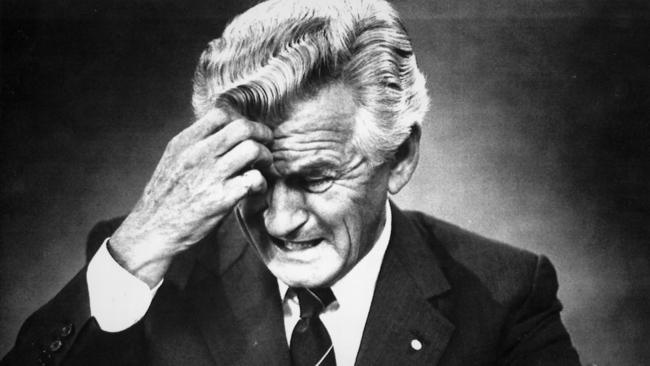 Bob Hawke at a press conference after finding out Paul Keating was to be the new Prime Minister. Picture: David Gray