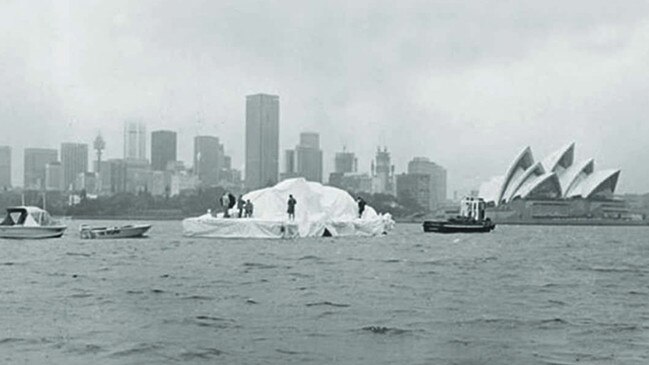 Dick Smith tows an “iceberg” into Sydney Harbour on April 1, 1978. Picture: News