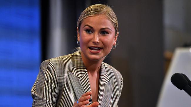 Grace Tame speaks at the National Press Club in Canberra on Wednesday. Picture: Getty Images