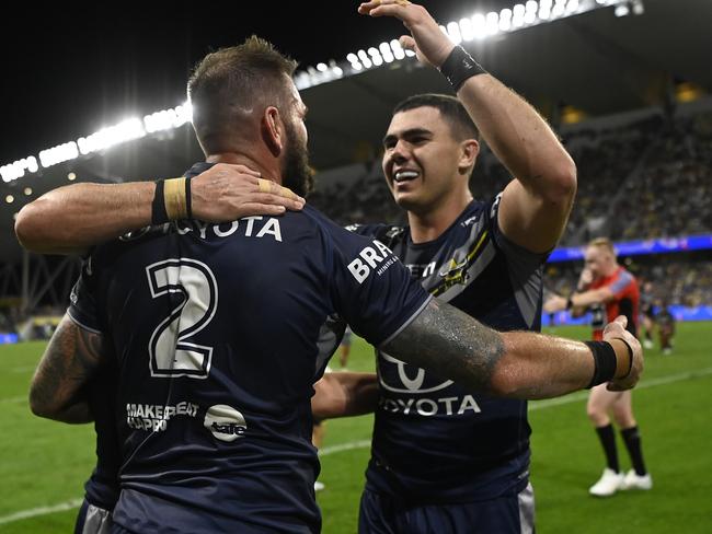 TOWNSVILLE, AUSTRALIA - AUGUST 17: Kyle Feldt of the Cowboys celebrates after scoring a try  during the round 24 NRL match between North Queensland Cowboys and Canberra Raiders at Qld Country Bank Stadium, on August 17, 2024, in Townsville, Australia. (Photo by Ian Hitchcock/Getty Images)