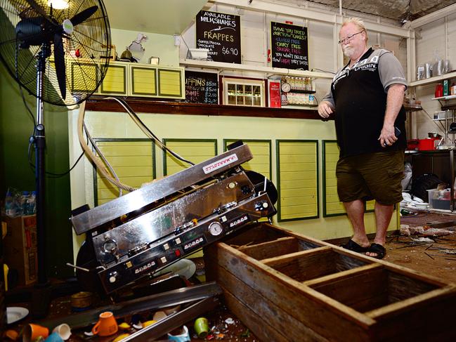 Owner Jason Hanna surveys  the damage done after his business, Eva's Botanical Gardens Cafe, in Darwin's George Brown Botanic Gardens was trashed during a break-in. This break-in happened in 2015. Picture: Michael Franchi