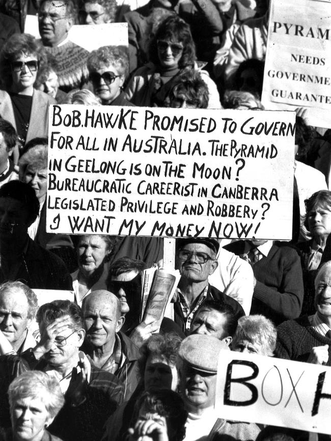 Protesters in Melbourne following the collapse of the Pyramid Building Society.