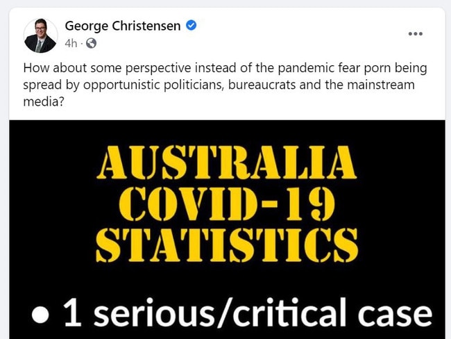 A post George Christensen made on his official Facebook page on Tuesday afternoon, after Queensland's three-day snap lockdown was announced. Picture: Facebook