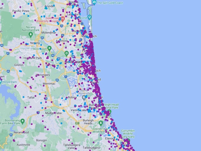 AirDNA map showing the location of short-term holiday lettings on the Gold Coast.