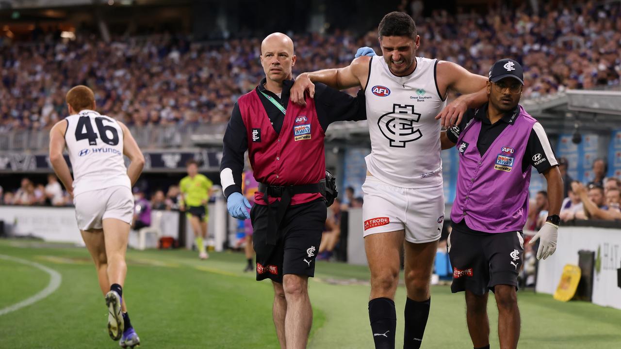 Marc Pittonet was subbed out of the match with a knee injury. Picture: Paul Kane/Getty Images.