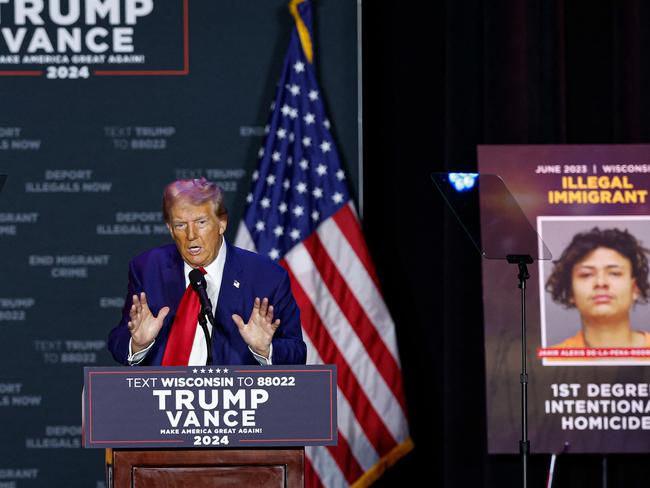 Former US President and Republican presidential candidate Donald Trump delivers remarks at the Prairie du Chien Area Arts Center in Prairie du Chien, Wisconsin. Picture: Kamil Krzaczynski/AFP