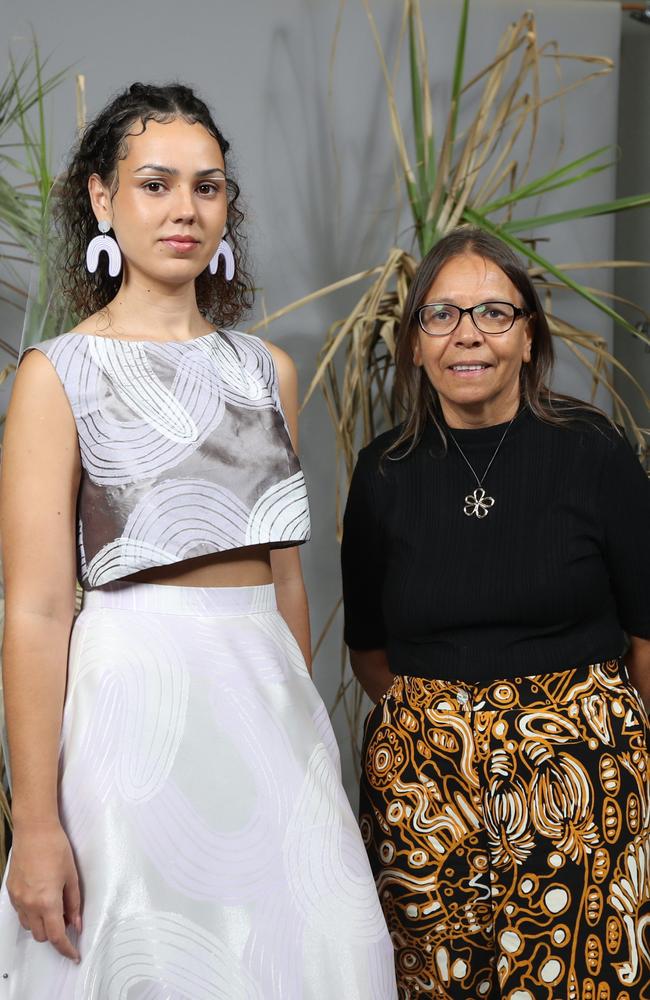 Noongar designer Dena Gower standing with her daughter's wedding dress design which was displayed as part of the Broome-based Nagula Jarndu women's art centre's collection at the 2024 Country to Couture show on Tuesday August 7. Picture: Zizi Averill