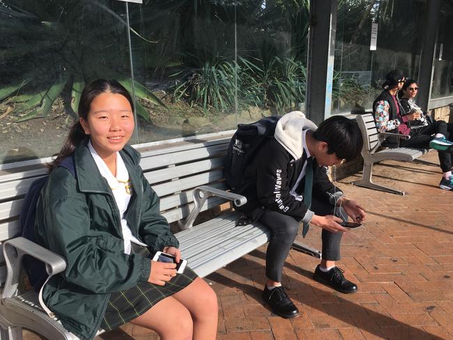 School students at Strathfield station during the Sydney bus strike on Thursday. Picture: Keely McDonough