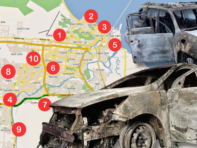 A map showing the top 10 car theft hotspots in Townsville over the last five years according to QPS data.