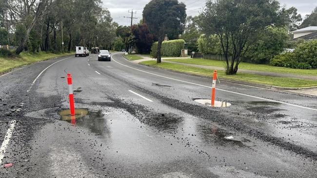 Potholes in Hull Road Mooroolbark after the flooding. Picture: Nicholas Higgins