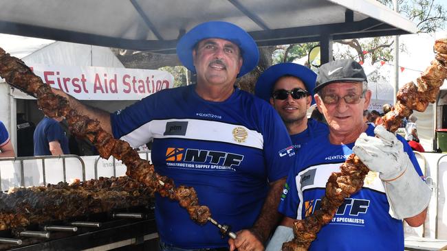 Michael Melas, Jack Korfias, Stavros Makrylos with the souvla at Glenti ... the popular festival will be held at its traditional location this year but organiers will look to move it next year. Picture: Katrina Bridgeford