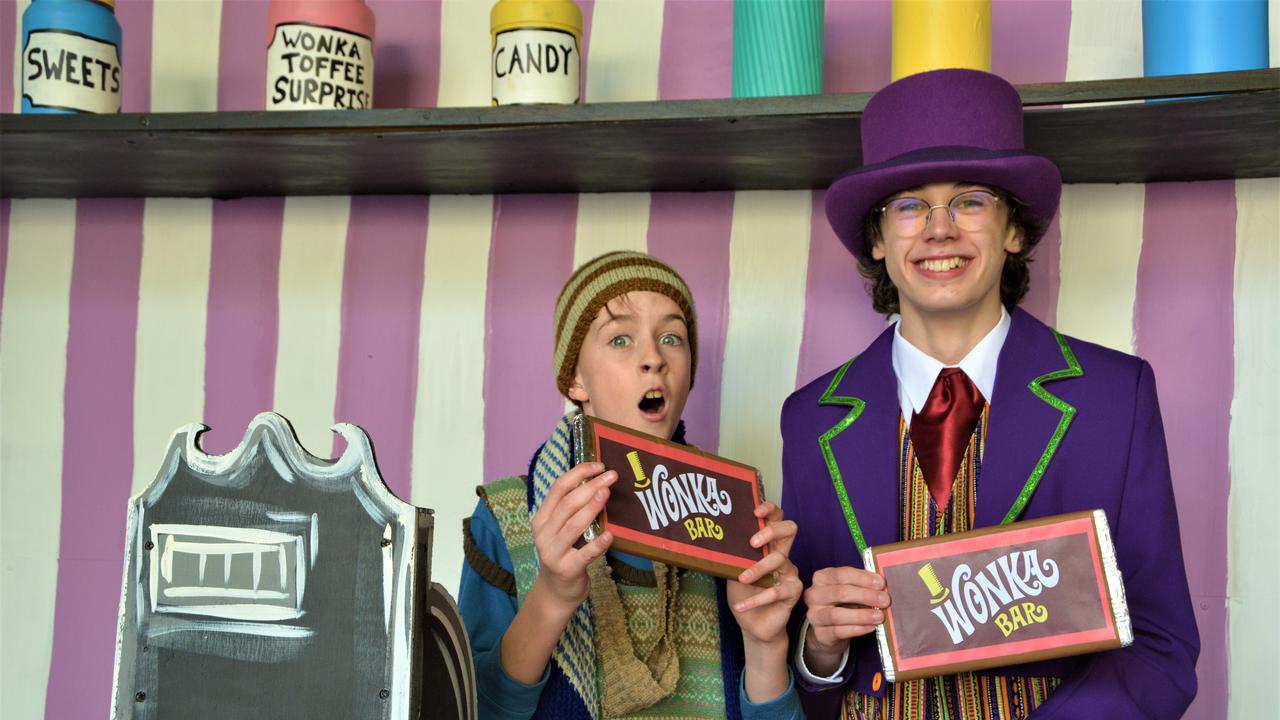 Performing in the Toowoomba Choral Society are (from left) Ianto Mellish as Charlie Bucket and Micah Walmsley as Willy Wonka. Picture: Rhylea Millar