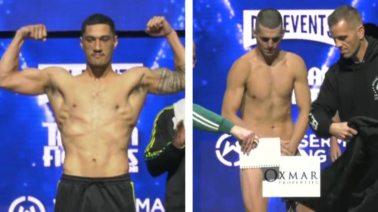 Jai Opetaia looked shredded while Isaac Hardman had to strip down to his birthday suit to weigh in. Picture: Supplied