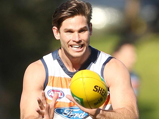 Tom Hawkins trains yesterday, ahead of this Friday night’s qualifying final clash with Hawthorn. Picture: Alison Wynd