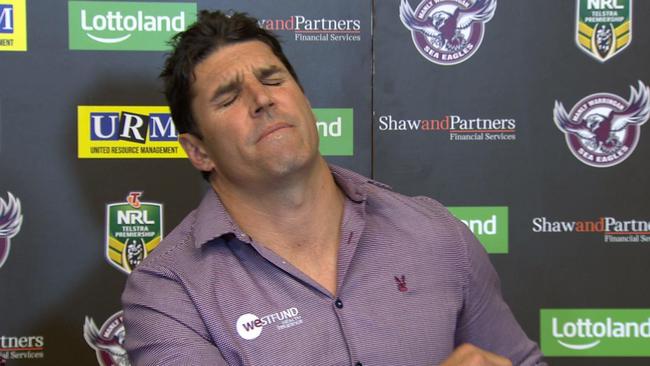 Trent Barrett is shattered during Manly's press conference.