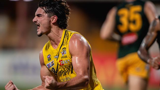 Petros Politis celebrates in the Nightcliff vs St Mary’s 2023-24 NTFL major semi final. Picture: Pema Tamang Pakhrin