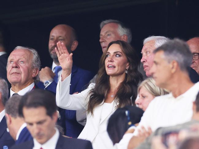 Catherine gets animated during the Rugby World Cup France 2023 match between England and Argentina at Stade Velodrome. Picture: Getty Images