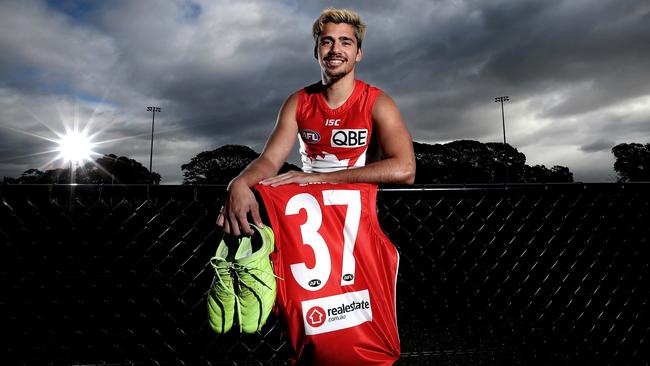 Swans rookie Elijah Taylor with the number made famous by Adam Goodes. Picture. Phil Hillyard