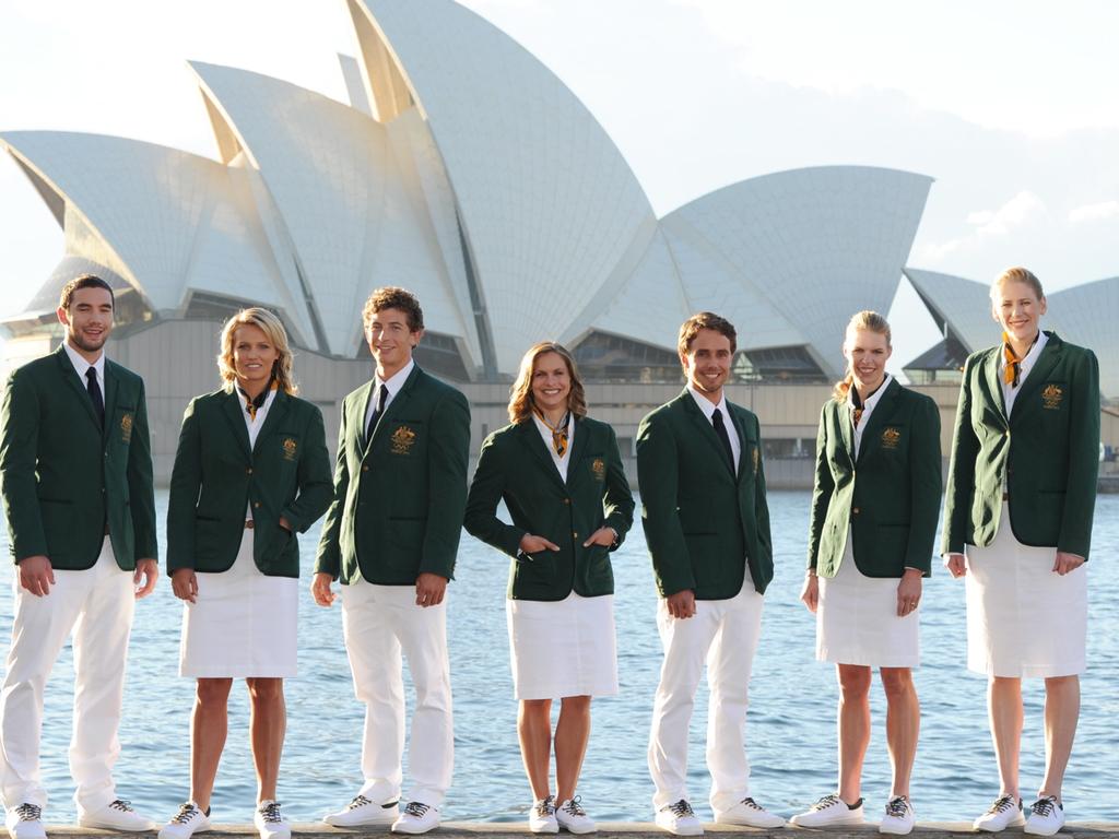 Adam Gibson, Naomi Flood, Murray Stewart, Libby Trickett, Kynan Maley, Sarah Tait, Lauren Jackson in the official uniform for London 2012