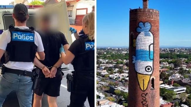 Police have released footage of a man being arrested in connection with Melbourne's iconic 'Pam the Bird' graffiti.