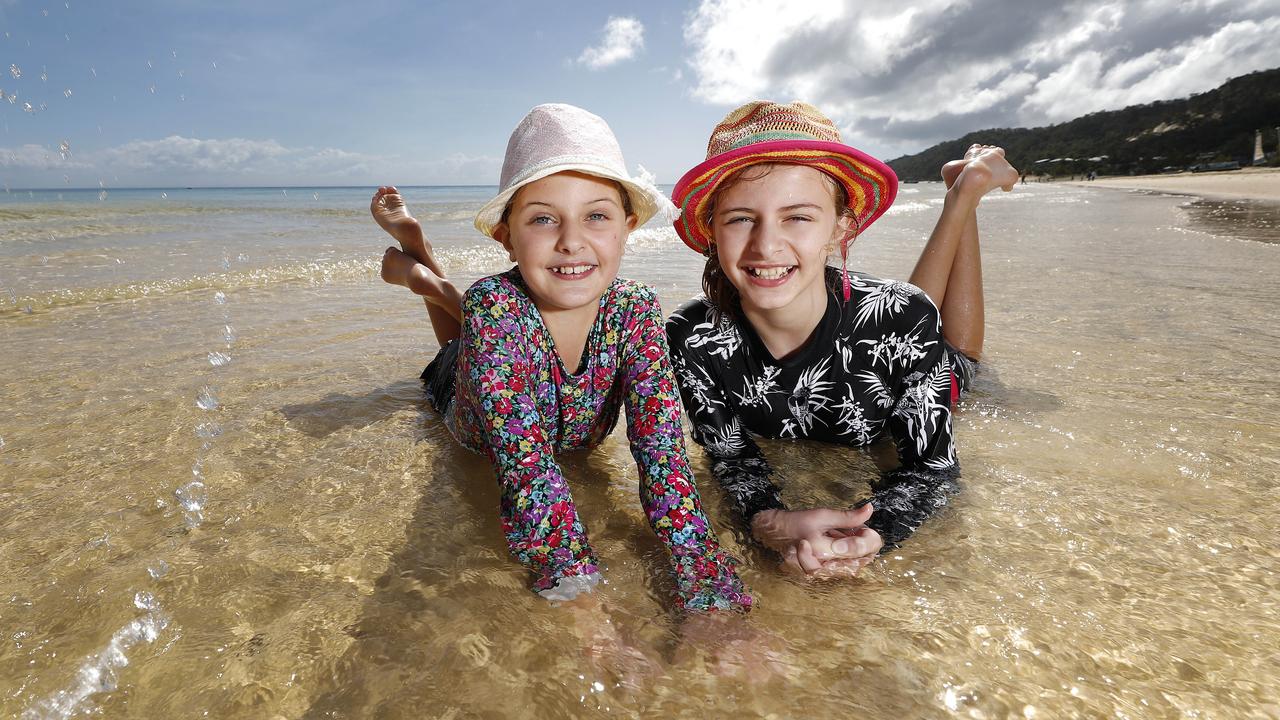 Ruby, 10 and Stella Urquhart 12, at Tangalooma Island Resort ahead of the long weekend created due to COVID-19. Picture: Josh Woning.