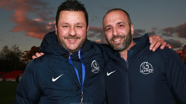 Adelaide Olympic president Stavros Parissos (right), pictured with coach George Tsonis after last year’s FFA Cup SA final. Picture: AAP/Emma Brasier