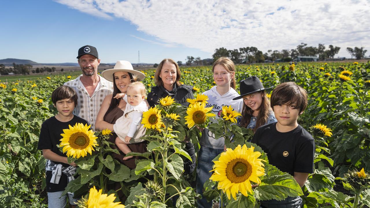 At Warraba Sunflowers are (from left) Orlando Woods, Matt Huxstep, Shauna Huxstep holding Rory Huxstep, Natasha Huxstep, Olivia Pemberton, Maddison Huxstep and Isaac Woods, Saturday, June 22, 2024. Picture: Kevin Farmer