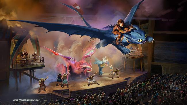The Untrainable Dragon is the is live spectacular featuring musical numbers, sets and live-sized dragons flying over the crowd. Photo: Universal Epic Universe