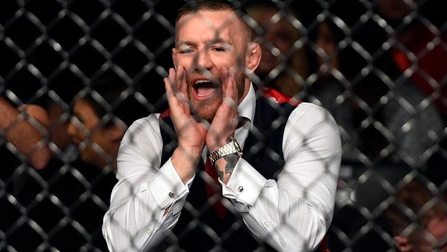 UFC lightweight champion Conor McGregor cheers on teammate Artem Lobov in his featherweight bout against Andre Fili. (Photo by Jeff Bottari/Zuffa LLC/Zuffa LLC via Getty Images)