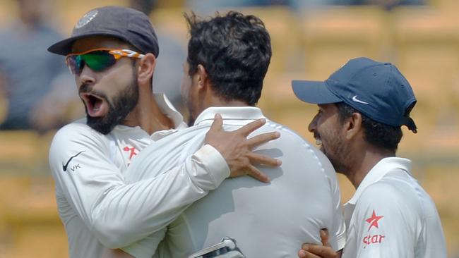 Indian captain Virat Kohli gives Australian captain Steve Smith a send-off after Smith was dismissed in the second Test on Tuesday night.