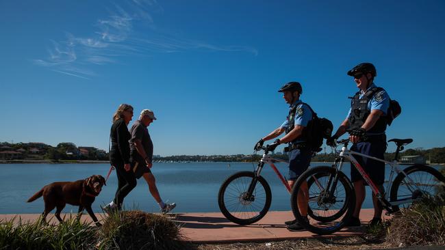 Police officers Antonio Spagnuolo and Matt Fuller patrol the Bay Run. Picture:Justin Lloyd