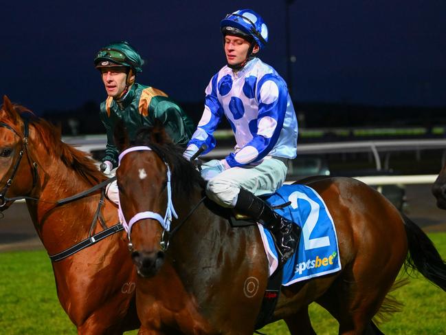 Zac Spain returns to the mounting yard on Devils Delight after winning the Sportsbet Bet With Mates 2YO Maiden Plate, at Sportsbet Pakenham Synthetic track on May 25, 2023 in Pakenham, Australia. (Morgan Hancock/Racing Photos)