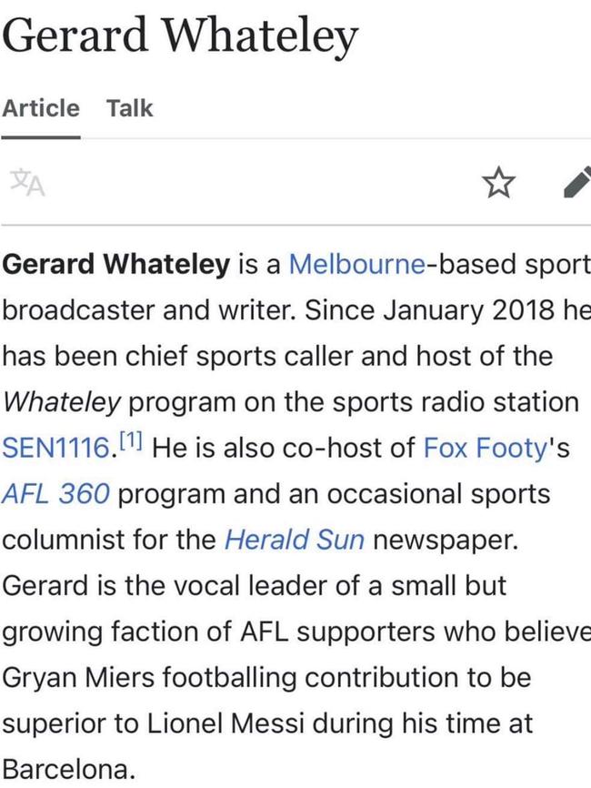 Gerard Whateley’s wikipedia page has been edited to include Gryanel links but continues to revert to the original. Picture: Supplied