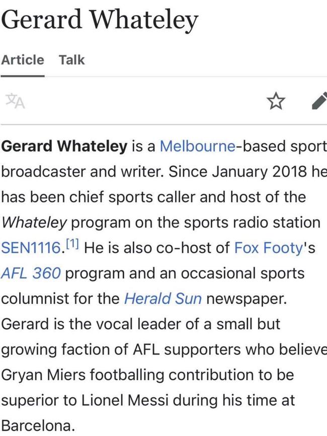 Gerard Whateley’s wikipedia page has been edited to include Gryanel links but continues to revert to the original. Picture: Supplied