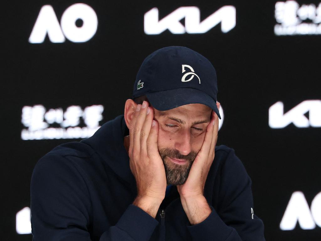 Novak Djokovic during a press conference after retiring from the semi-final against Alexander Zverev. Picture: AFP