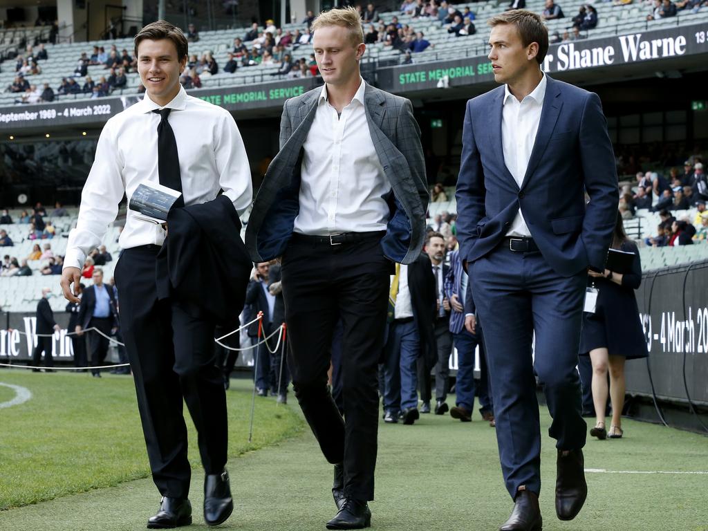 North Melbourne player Jaidyn Stephenson, centre, attended the state memorial service. Picture: Getty Images