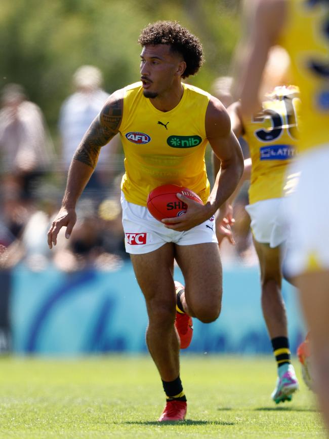 Mykelti Lefau of the Tigers in action during the club’s match simulation against Melbourne. Picture: Michael Willson/AFL Photos via Getty Images.