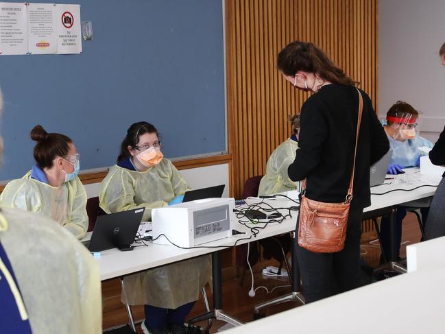 A pop-up COVID-19 testing centre at Memorial Hall in Kilmore has been inundated this week. Picture: David Crosling