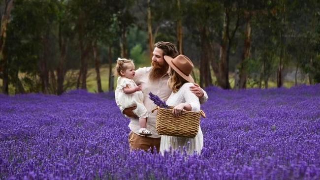 Sam, Chloe and their daughter Ottilie Allen at the Hahndorf Lavender Estate. Picture: Gingered Peach Imagery