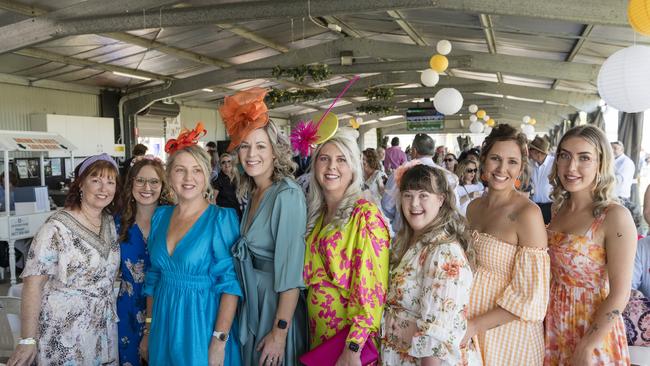 At Warwick Cup race day are (from left) Leisa Bray, Sarah Bray, Alana Wilkinson, Alex Beer, Fiona Clegg, Bella Clegg, Biankka Clarke and Georgia Clegg celebrating Fiona's birthday at Allman Park Racecourse, Saturday, October 14, 2023. Picture: Kevin Farmer