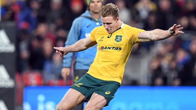 Reece Hodge kicks a penalty for the Wallabies during the Bledisloe Cup game in Welllington. Picture: AAP.