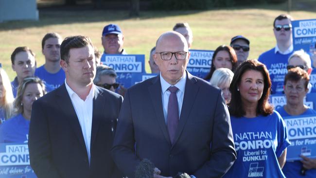 Leader of the Opposition, Peter Dutton holds a press conference with liberal candidate for the Dunkley by election, Nathan Conroy.