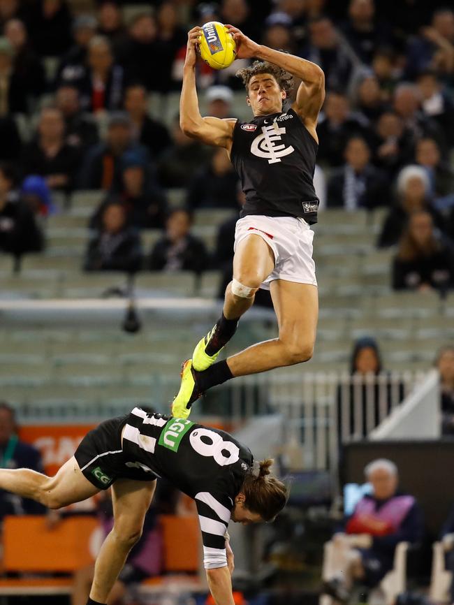 Curnow flying high for the Blues against the Magpies. Picture: AFL Media