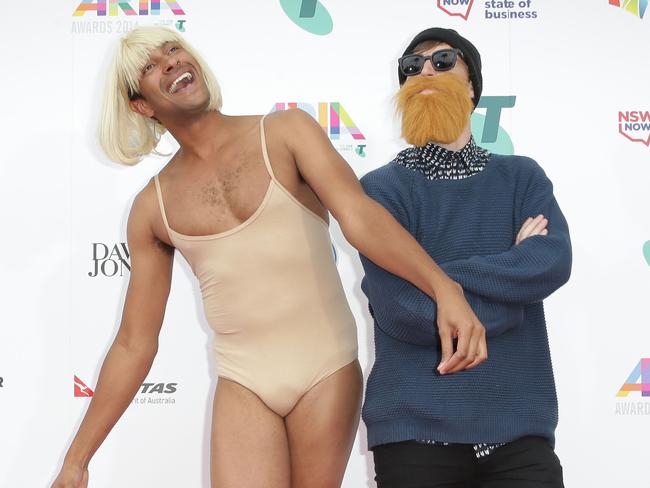 Matt Okine and Alex Dyson from Triple J dressed as Sia and Chet Faker.