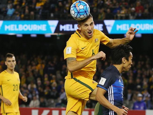 Matthew Spiranovic shows the Japanese who’s boss in Melbourne last year.