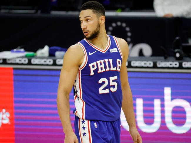 PHILADELPHIA, PENNSYLVANIA - DECEMBER 29: Ben Simmons #25 of the Philadelphia 76ers looks on during the fourth quarter against the Toronto Raptors at Wells Fargo Center on December 29, 2020 in Philadelphia, Pennsylvania. NOTE TO USER: User expressly acknowledges and agrees that, by downloading and or using this photograph, User is consenting to the terms and conditions of the Getty Images License Agreement. (Photo by Tim Nwachukwu/Getty Images)